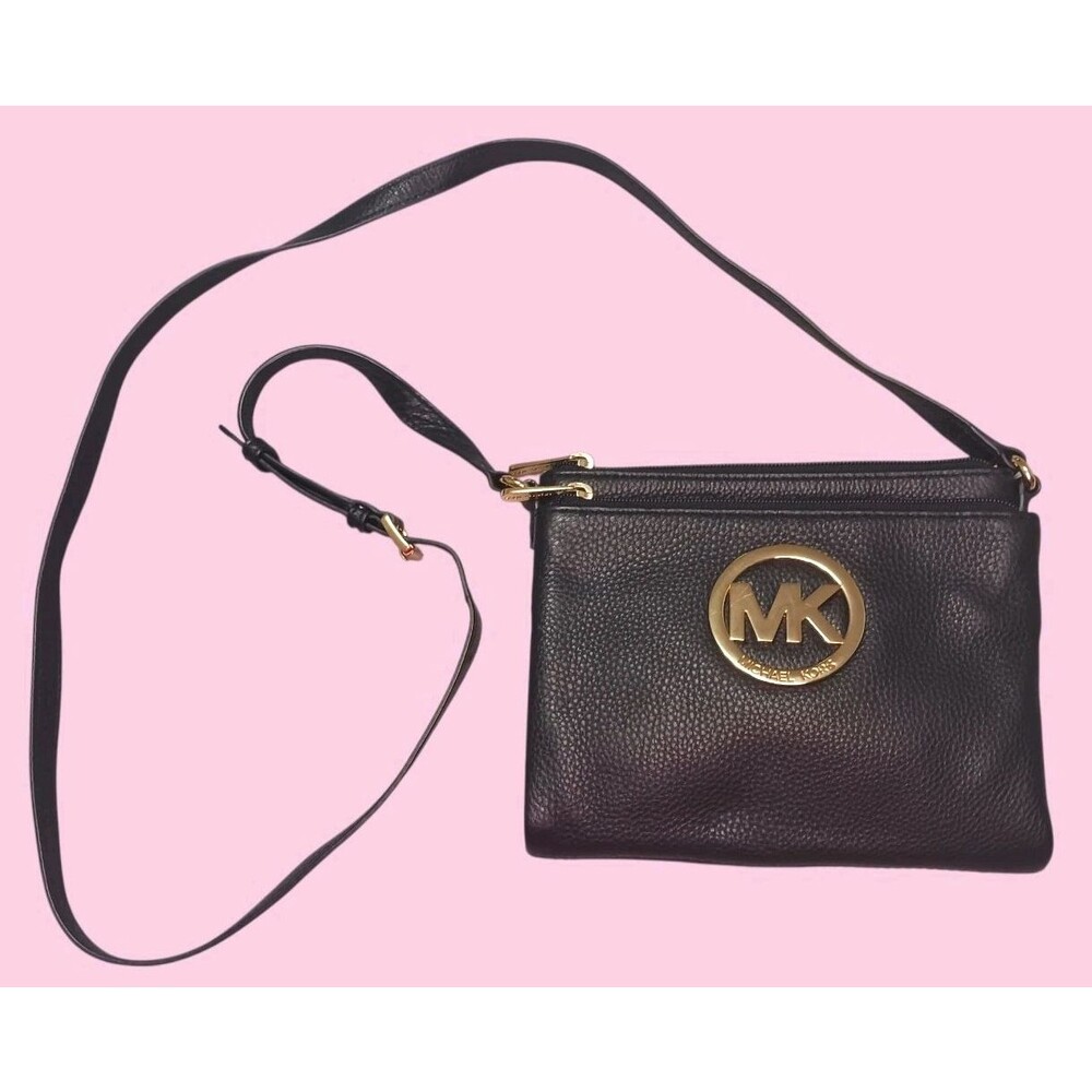 MICHAEL KORS  FULTON Black Pebbled Leather Crossbody Bag Small Messenger MK Logo
